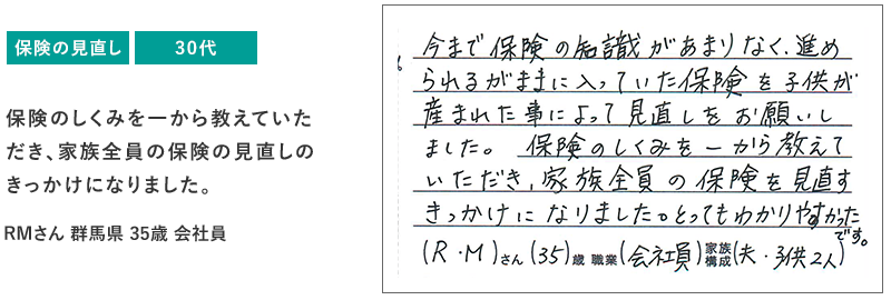 保険の仕組みを一から教えていただき、家族全員の保険の見直しのきっかけになりました。